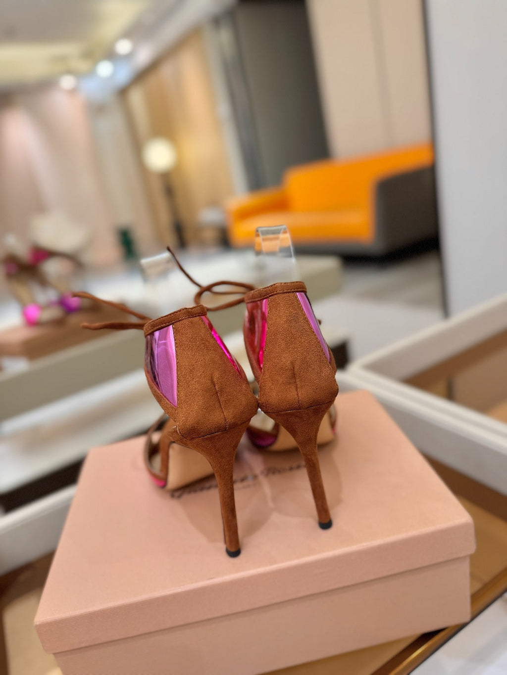 GIANVITO ROSSI 26S HEELS 105 MM IN BROWN SUEDE AND METALLIC PINK CALFSKIN