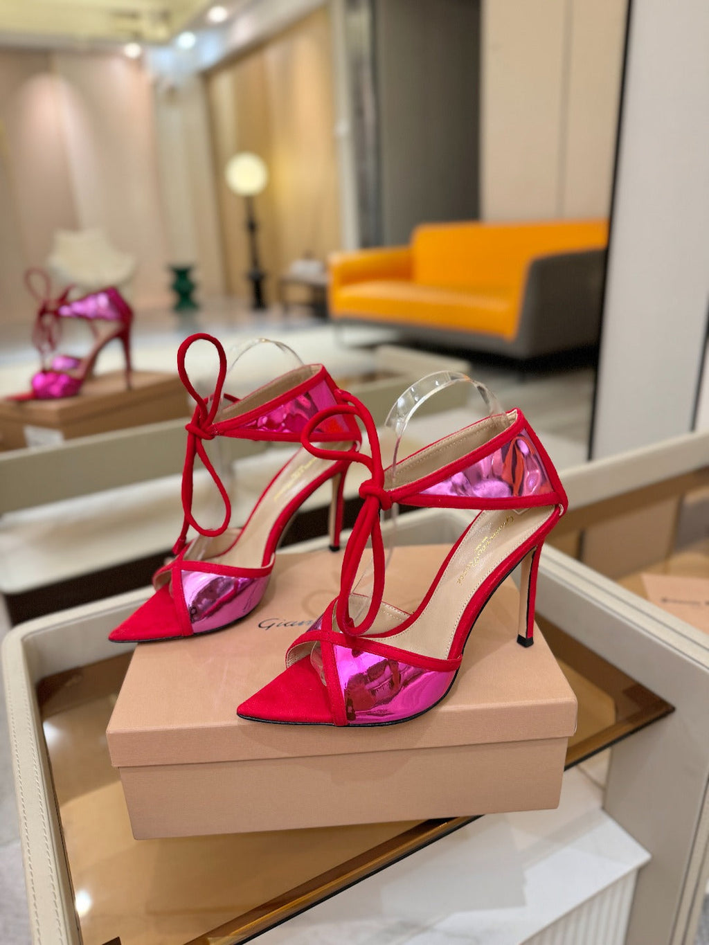 GIANVITO ROSSI 26S HEELS 105 MM IN RED SUEDE AND METALLIC PINK CALFSKIN