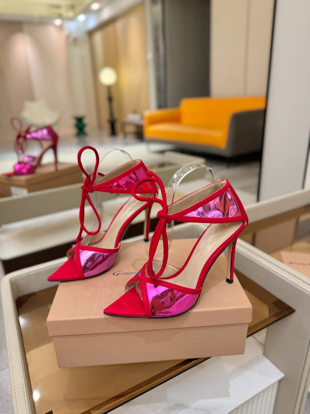 GIANVITO ROSSI 26S HEELS 105 MM IN RED SUEDE AND METALLIC PINK CALFSKIN
