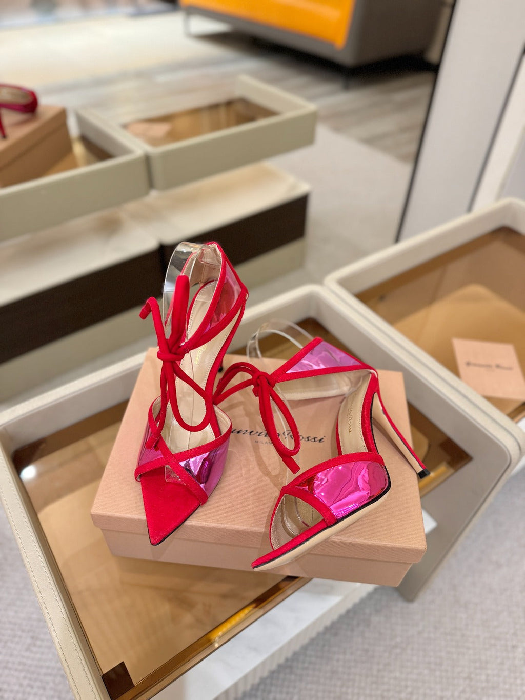 GIANVITO ROSSI 26S HEELS 105 MM IN RED SUEDE AND METALLIC PINK CALFSKIN