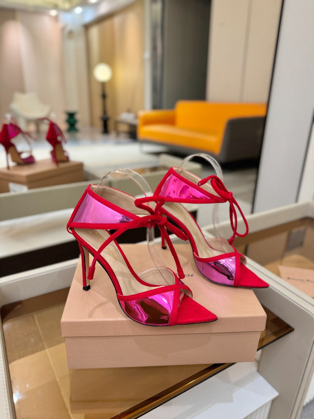 GIANVITO ROSSI 26S HEELS 105 MM IN RED SUEDE AND METALLIC PINK CALFSKIN