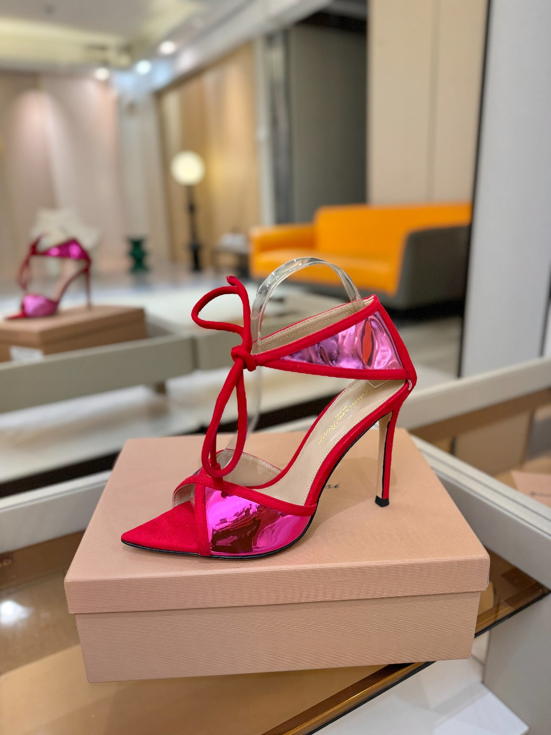 GIANVITO ROSSI 26S HEELS 105 MM IN RED SUEDE AND METALLIC PINK CALFSKIN