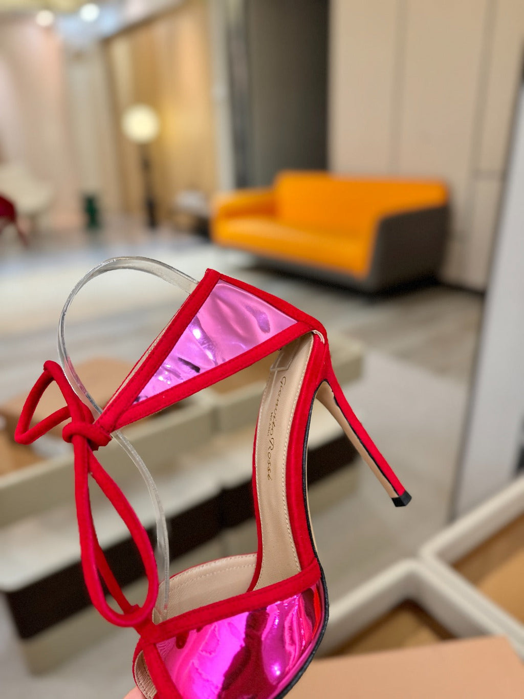 GIANVITO ROSSI 26S HEELS 105 MM IN RED SUEDE AND METALLIC PINK CALFSKIN