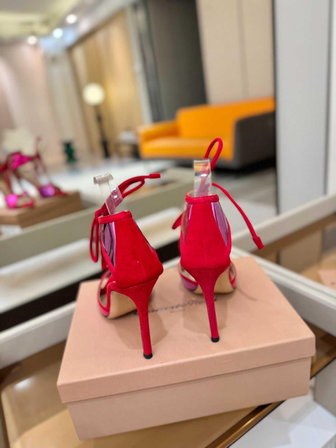 GIANVITO ROSSI 26S HEELS 105 MM IN RED SUEDE AND METALLIC PINK CALFSKIN