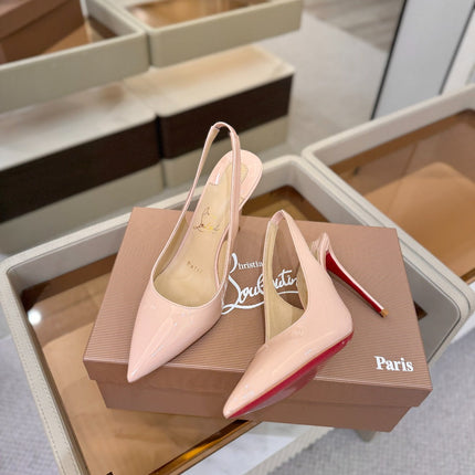 CHRISTIAN LOUBOUTIN 26S SLINGBACK HEELS 105 MM IN NUDE PINK PATENT CALFSKIN