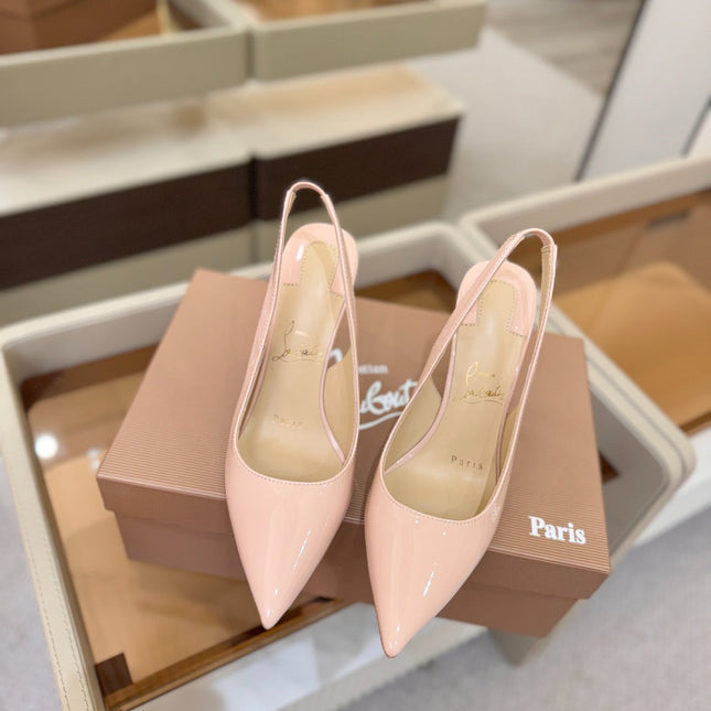 CHRISTIAN LOUBOUTIN 26S SLINGBACK HEELS 105 MM IN NUDE PINK PATENT CALFSKIN