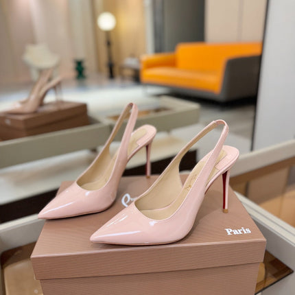 CHRISTIAN LOUBOUTIN 26S SLINGBACK HEELS 105 MM IN NUDE PINK PATENT CALFSKIN