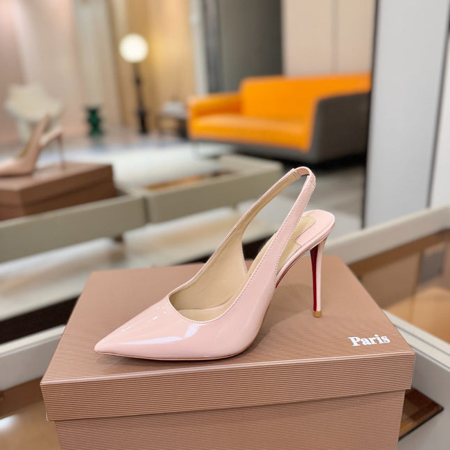 CHRISTIAN LOUBOUTIN 26S SLINGBACK HEELS 105 MM IN NUDE PINK PATENT CALFSKIN