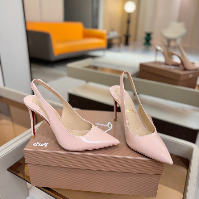 CHRISTIAN LOUBOUTIN 26S SLINGBACK HEELS 105 MM IN NUDE PINK PATENT CALFSKIN