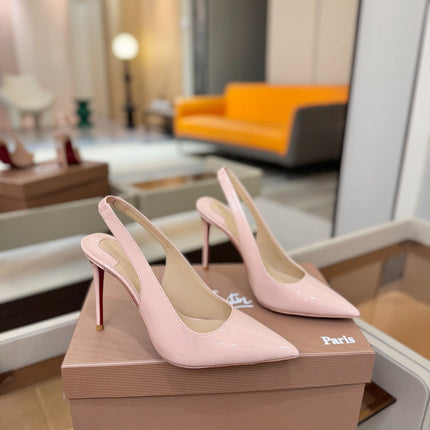 CHRISTIAN LOUBOUTIN 26S SLINGBACK HEELS 105 MM IN NUDE PINK PATENT CALFSKIN