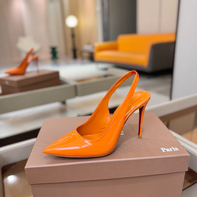 CHRISTIAN LOUBOUTIN 26S SLINGBACK HEELS 105 MM IN ORANGE PATENT CALFSKIN