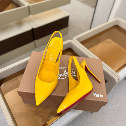 CHRISTIAN LOUBOUTIN 26S SLINGBACK HEELS 105 MM IN DARK YELLOW PATENT CALFSKIN