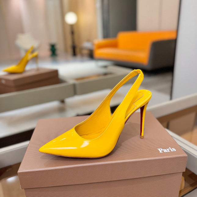 CHRISTIAN LOUBOUTIN 26S SLINGBACK HEELS 105 MM IN DARK YELLOW PATENT CALFSKIN