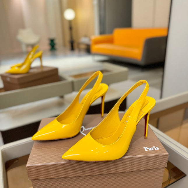 CHRISTIAN LOUBOUTIN 26S SLINGBACK HEELS 105 MM IN DARK YELLOW PATENT CALFSKIN