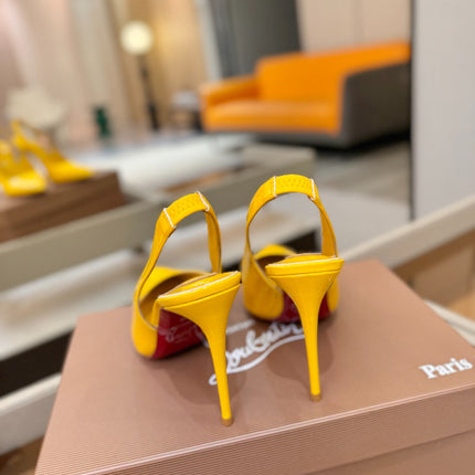 CHRISTIAN LOUBOUTIN 26S SLINGBACK HEELS 105 MM IN DARK YELLOW PATENT CALFSKIN