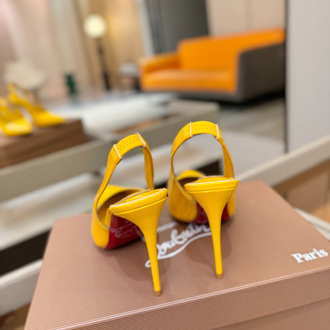 CHRISTIAN LOUBOUTIN 26S SLINGBACK HEELS 105 MM IN DARK YELLOW PATENT CALFSKIN