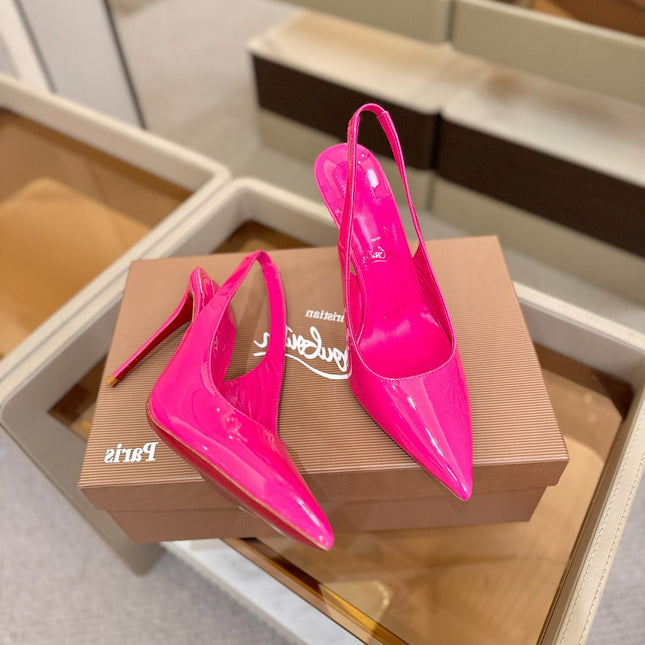 CHRISTIAN LOUBOUTIN 26S SLINGBACK HEELS 105 MM IN DARK PINK PATENT CALFSKIN