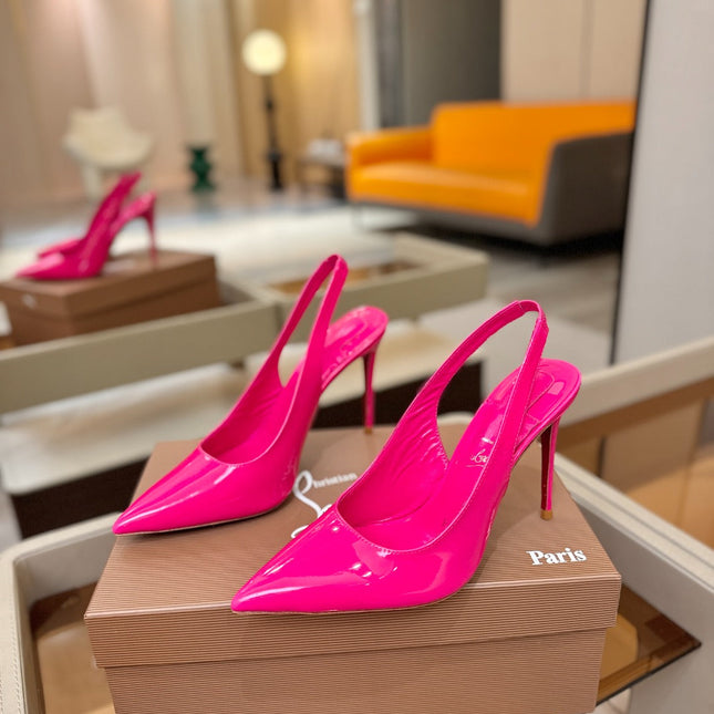 CHRISTIAN LOUBOUTIN 26S SLINGBACK HEELS 105 MM IN DARK PINK PATENT CALFSKIN