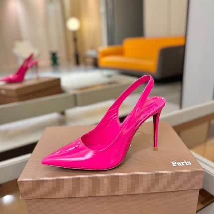 CHRISTIAN LOUBOUTIN 26S SLINGBACK HEELS 105 MM IN DARK PINK PATENT CALFSKIN