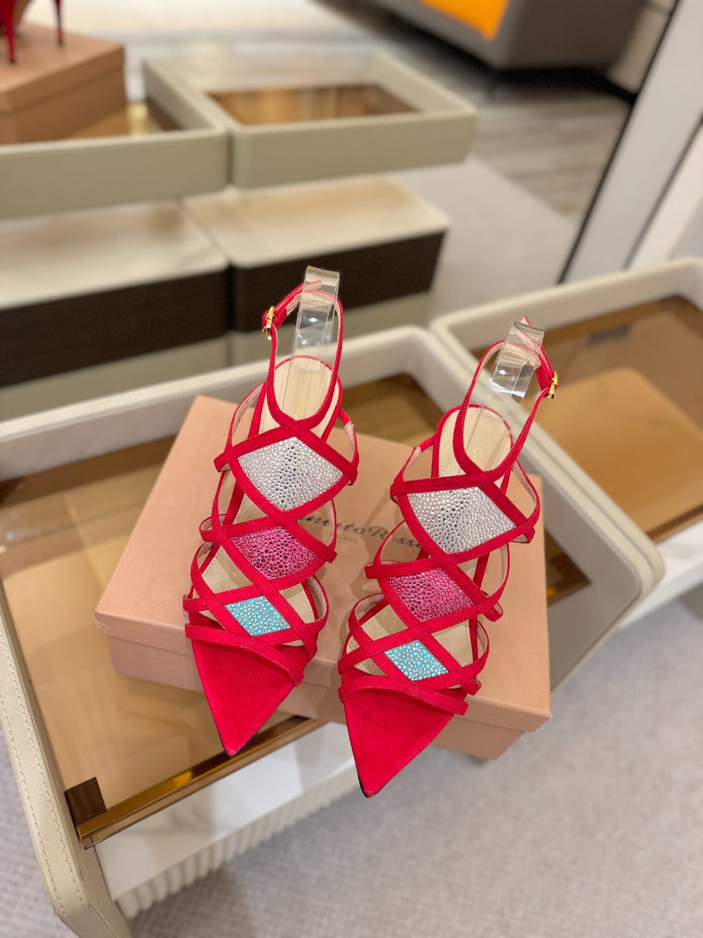 GIANVITO ROSSI 26S CROSS STRAP HEELS 85 MM IN RED SUEDE
