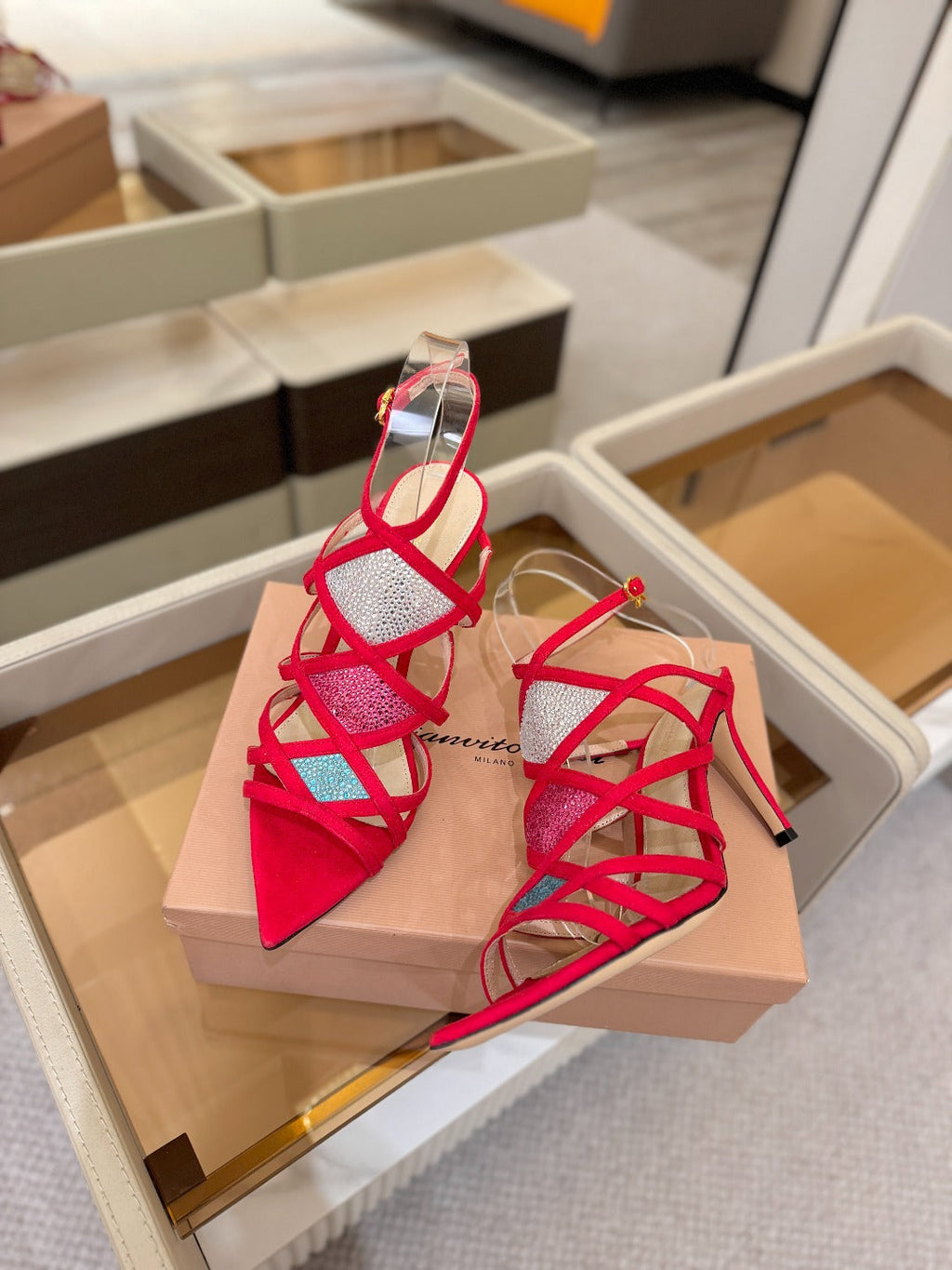 GIANVITO ROSSI 26S CROSS STRAP HEELS 85 MM IN RED SUEDE