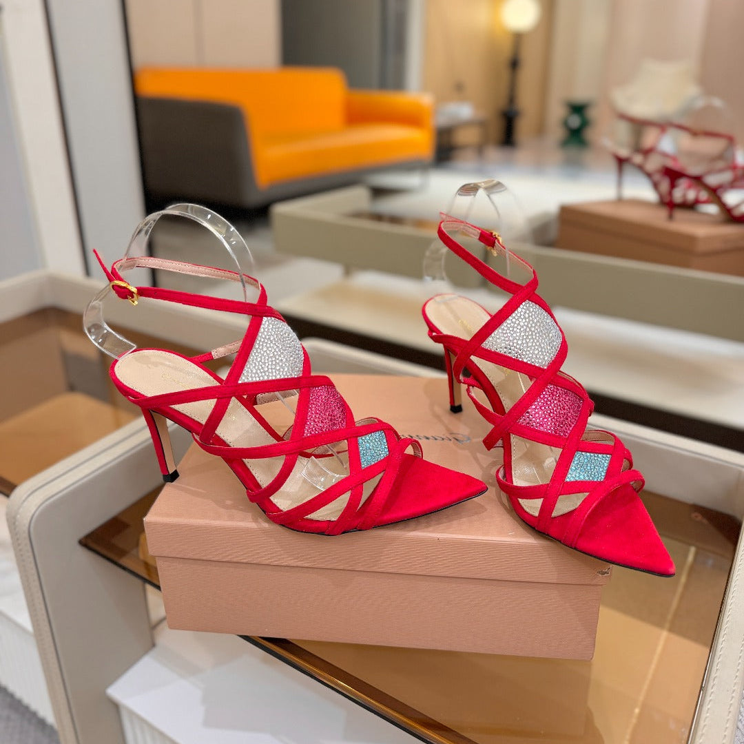 GIANVITO ROSSI 26S CROSS STRAP HEELS 85 MM IN RED SUEDE
