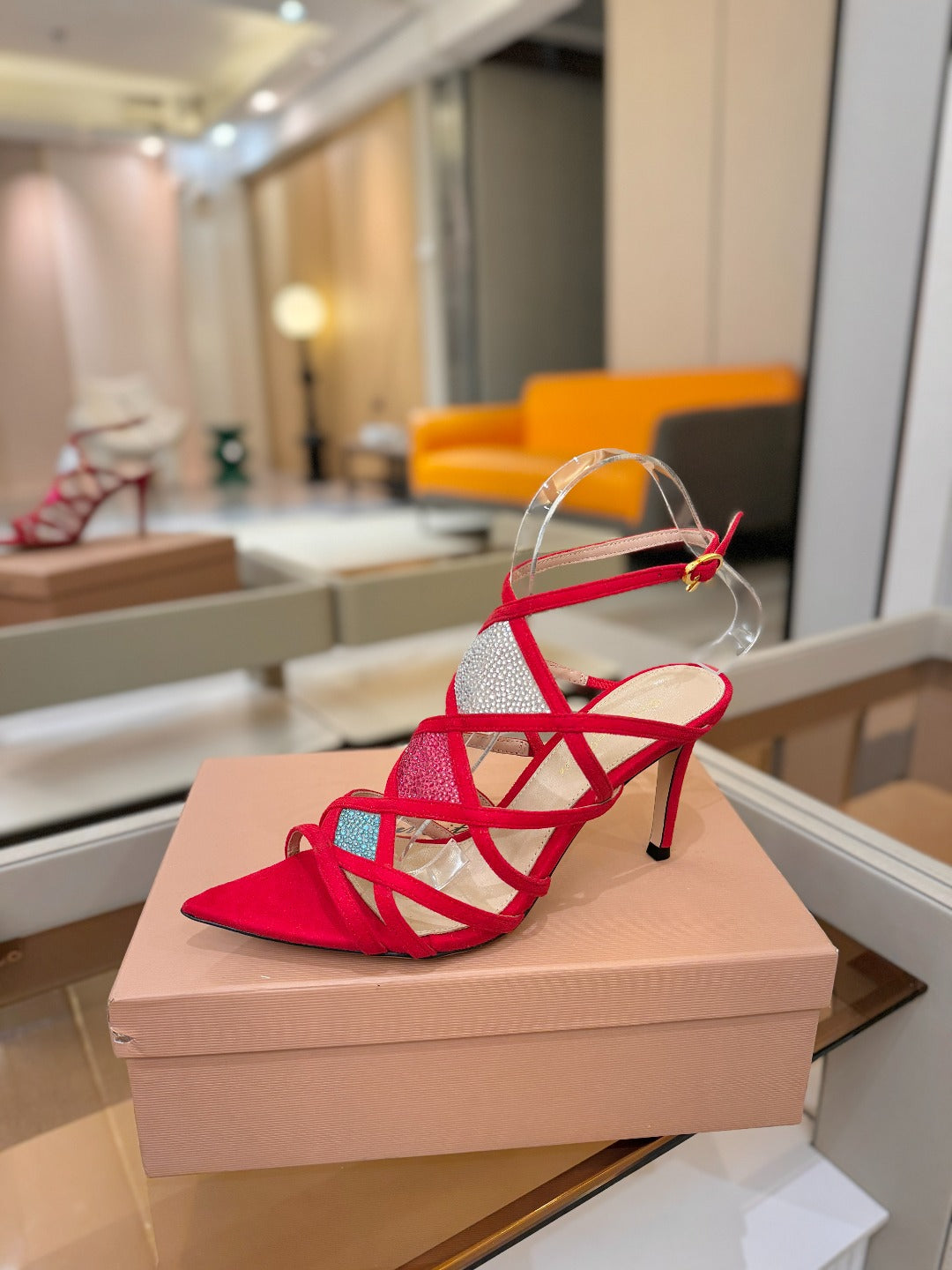 GIANVITO ROSSI 26S CROSS STRAP HEELS 85 MM IN RED SUEDE