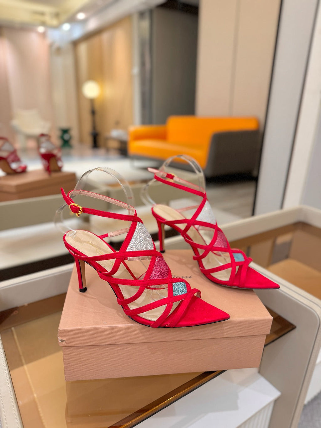 GIANVITO ROSSI 26S CROSS STRAP HEELS 85 MM IN RED SUEDE