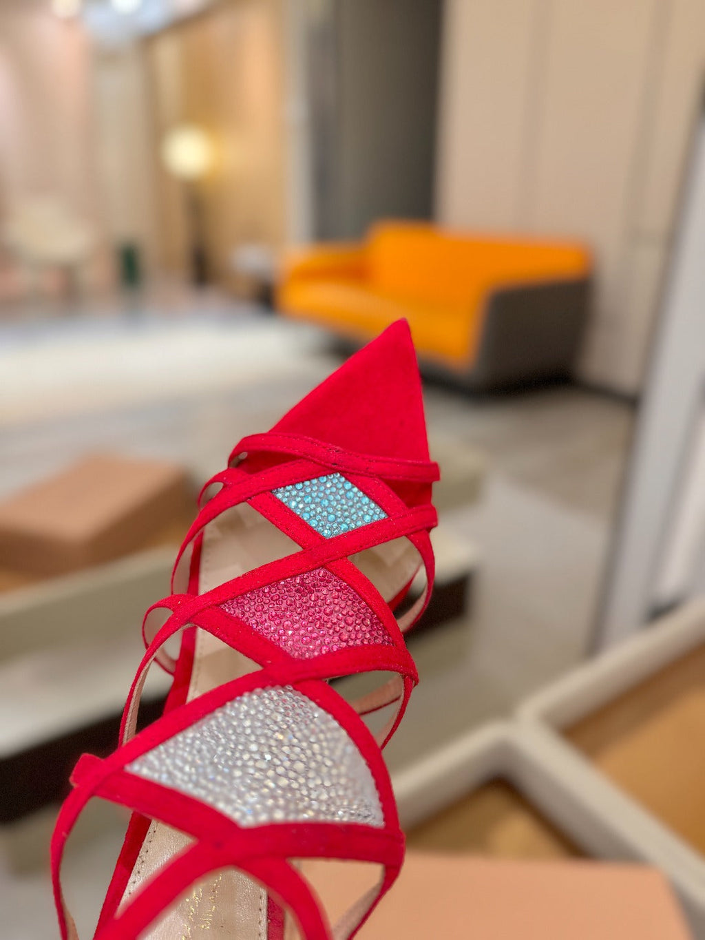GIANVITO ROSSI 26S CROSS STRAP HEELS 85 MM IN RED SUEDE
