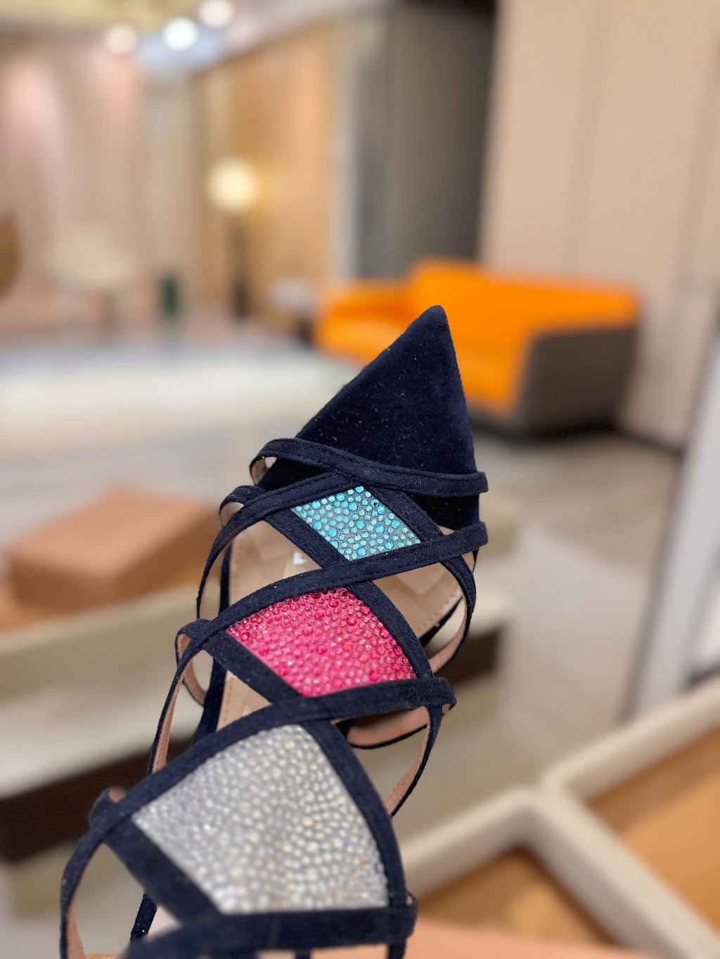GIANVITO ROSSI 26S CROSS STRAP HEELS 85 MM IN NAVY BLUE SUEDE