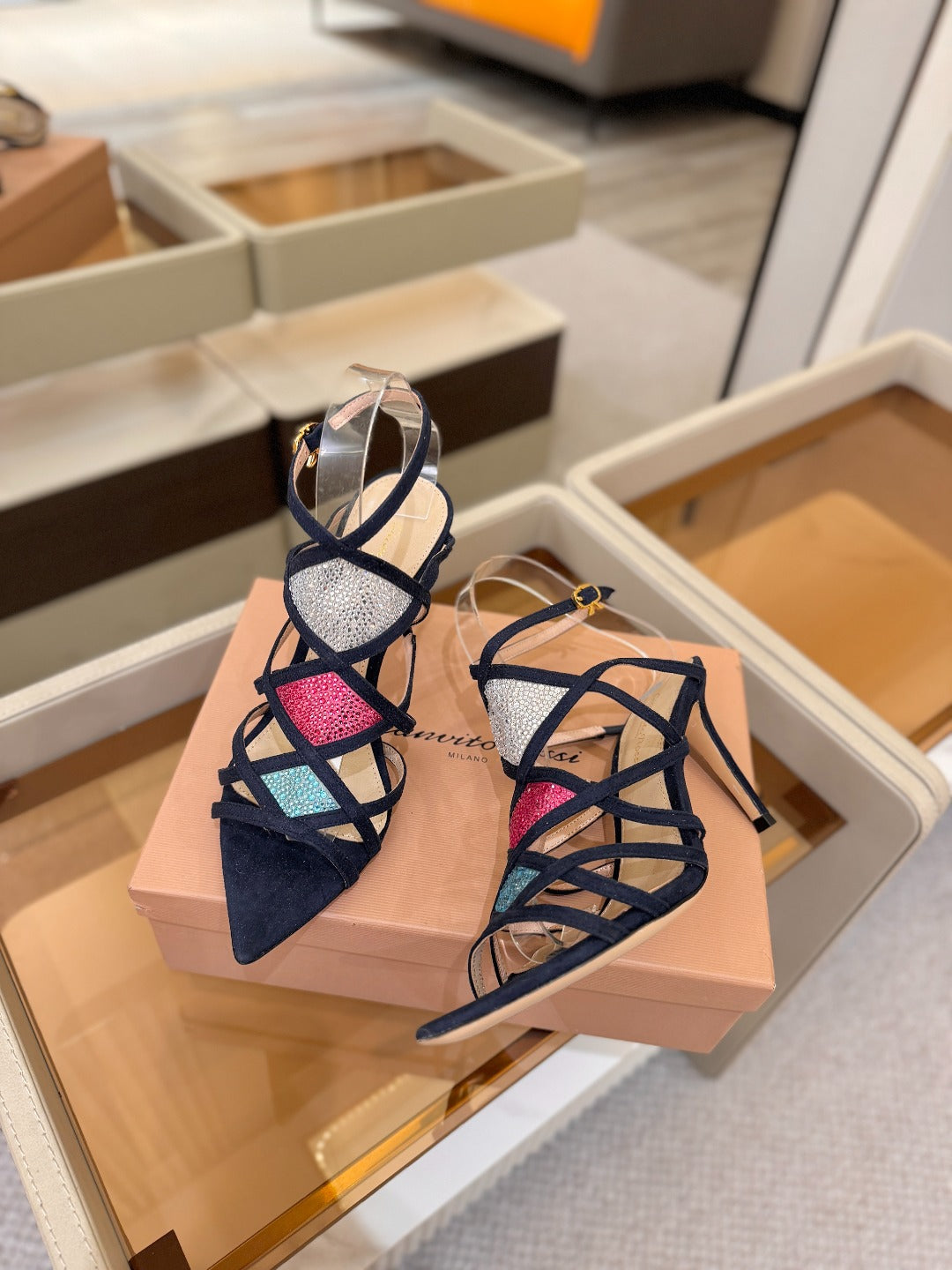 GIANVITO ROSSI 26S CROSS STRAP HEELS 85 MM IN NAVY BLUE SUEDE