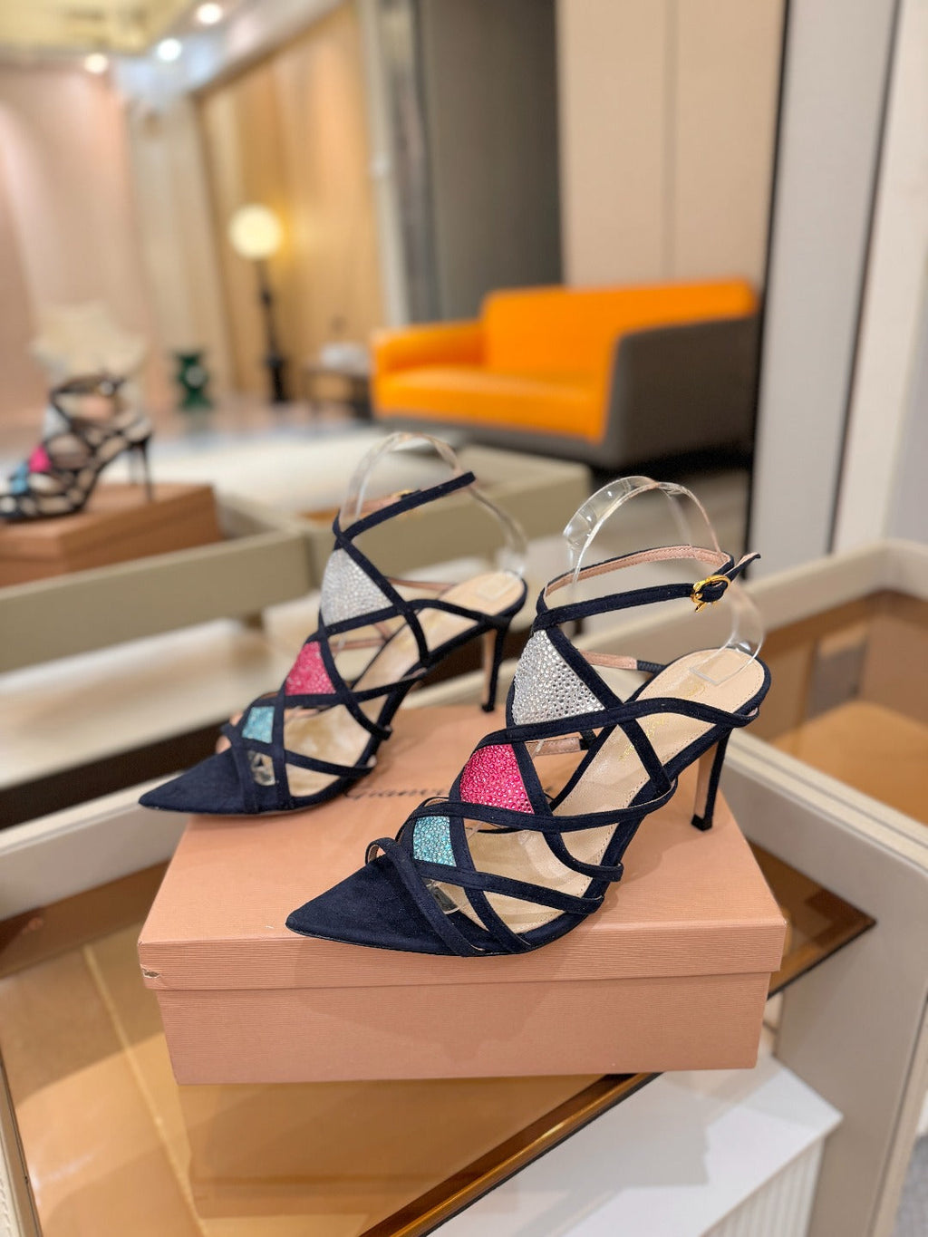 GIANVITO ROSSI 26S CROSS STRAP HEELS 85 MM IN NAVY BLUE SUEDE