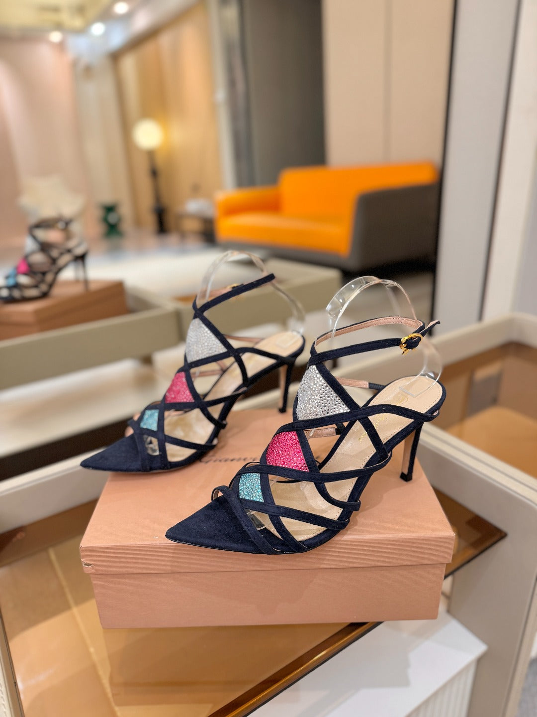 GIANVITO ROSSI 26S CROSS STRAP HEELS 85 MM IN NAVY BLUE SUEDE
