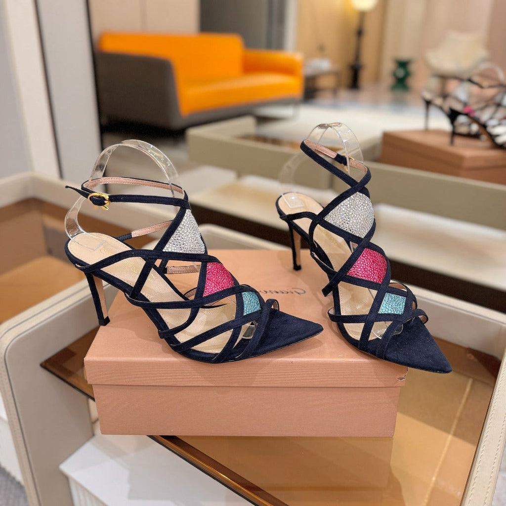 GIANVITO ROSSI 26S CROSS STRAP HEELS 85 MM IN NAVY BLUE SUEDE