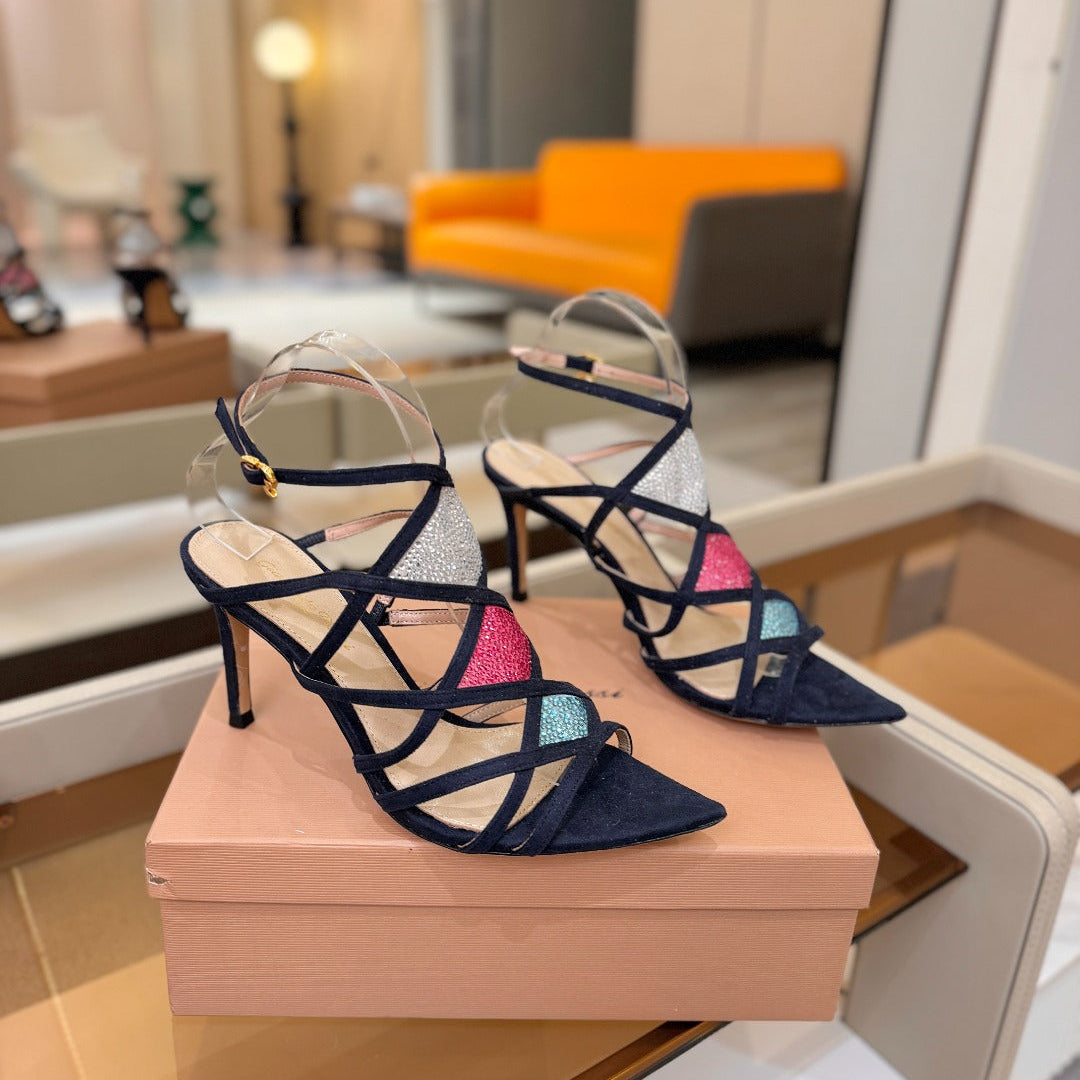 GIANVITO ROSSI 26S CROSS STRAP HEELS 85 MM IN NAVY BLUE SUEDE
