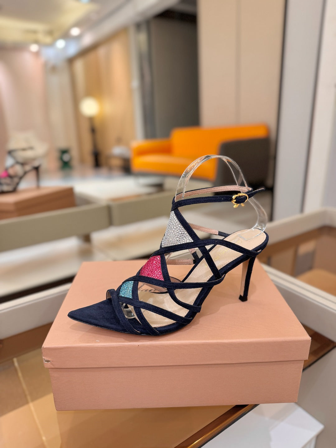 GIANVITO ROSSI 26S CROSS STRAP HEELS 85 MM IN NAVY BLUE SUEDE