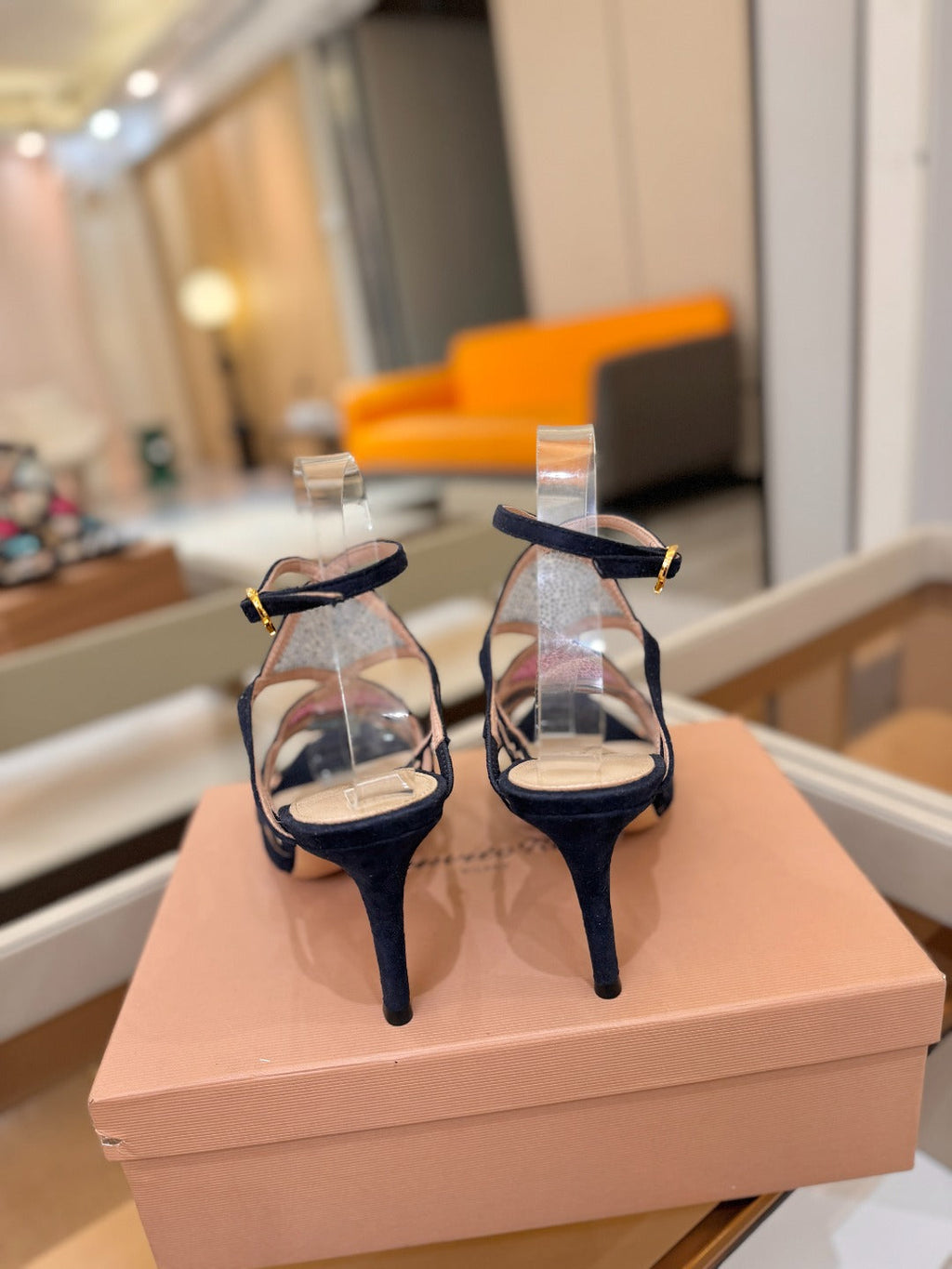 GIANVITO ROSSI 26S CROSS STRAP HEELS 85 MM IN NAVY BLUE SUEDE