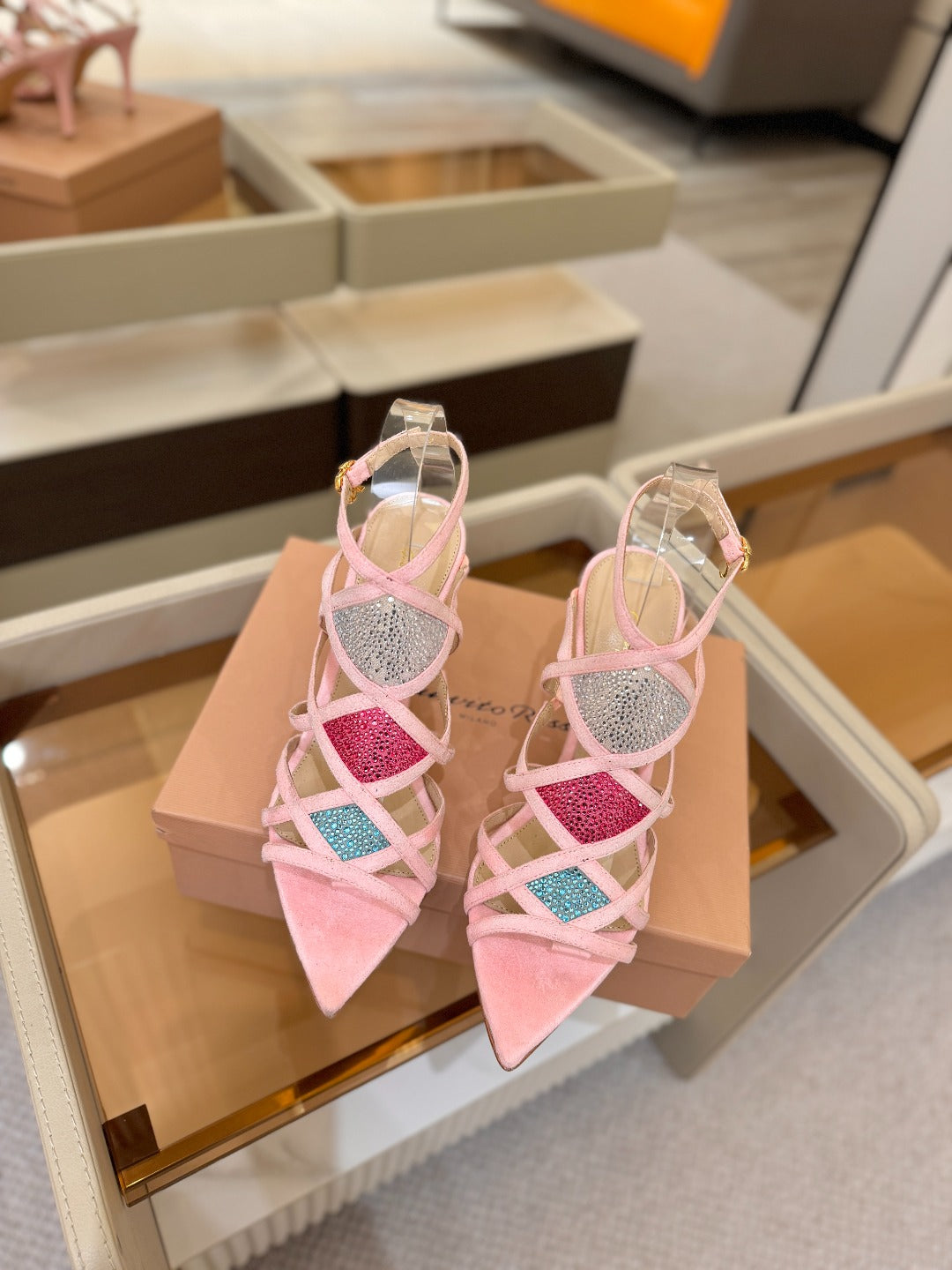 GIANVITO ROSSI 26S CROSS STRAP HEELS 85 MM IN PINK SUEDE