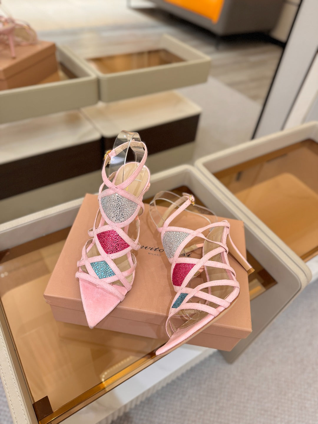 GIANVITO ROSSI 26S CROSS STRAP HEELS 85 MM IN PINK SUEDE
