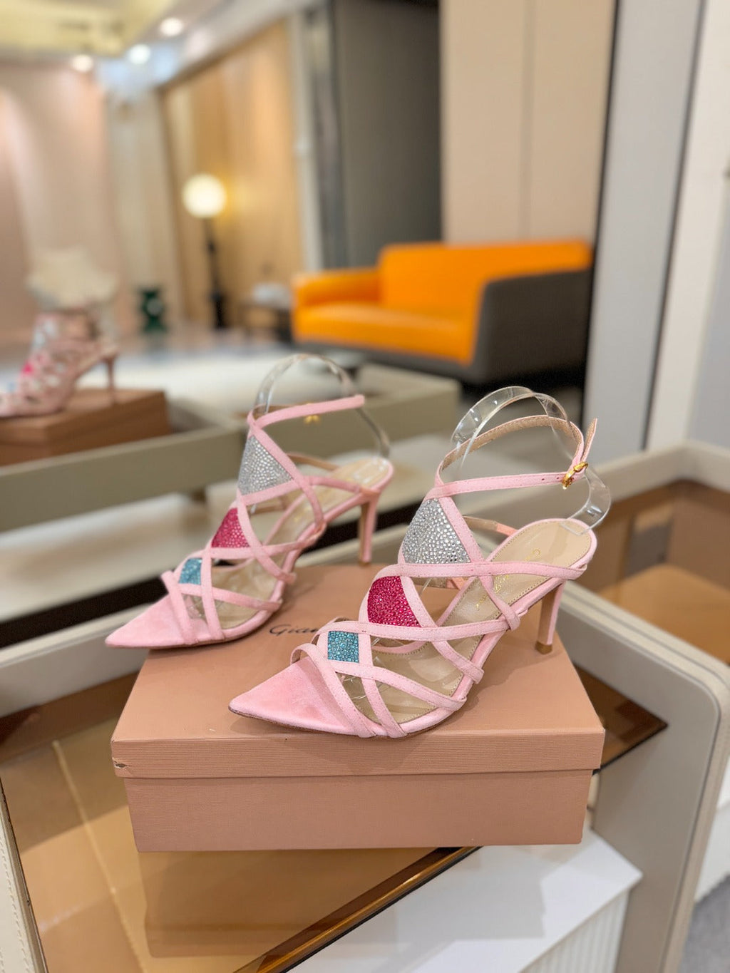 GIANVITO ROSSI 26S CROSS STRAP HEELS 85 MM IN PINK SUEDE