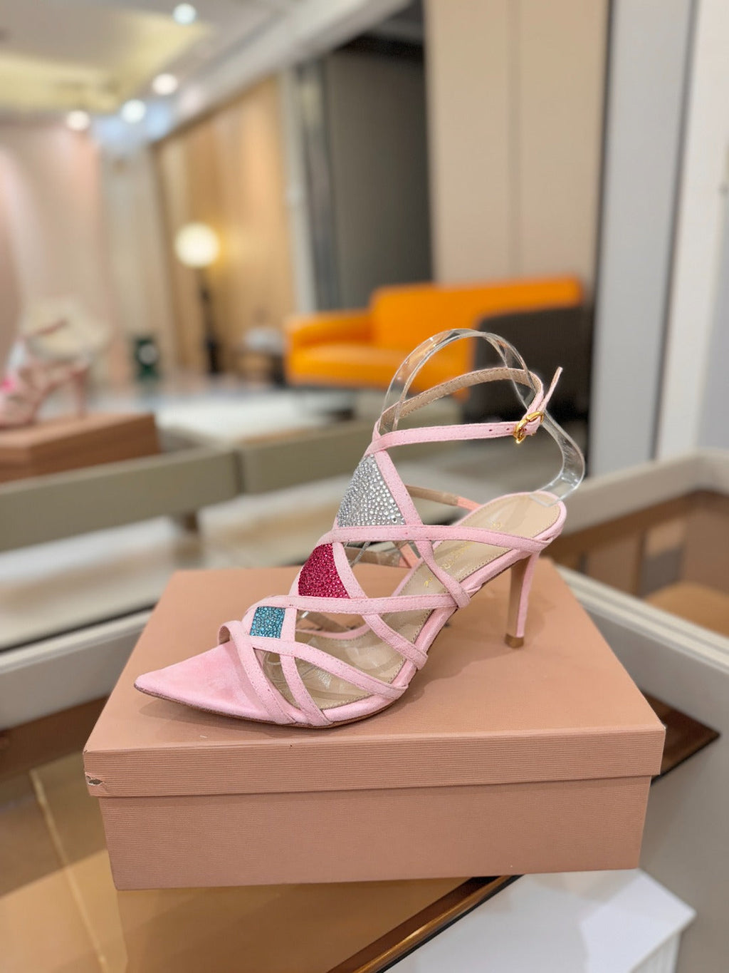 GIANVITO ROSSI 26S CROSS STRAP HEELS 85 MM IN PINK SUEDE