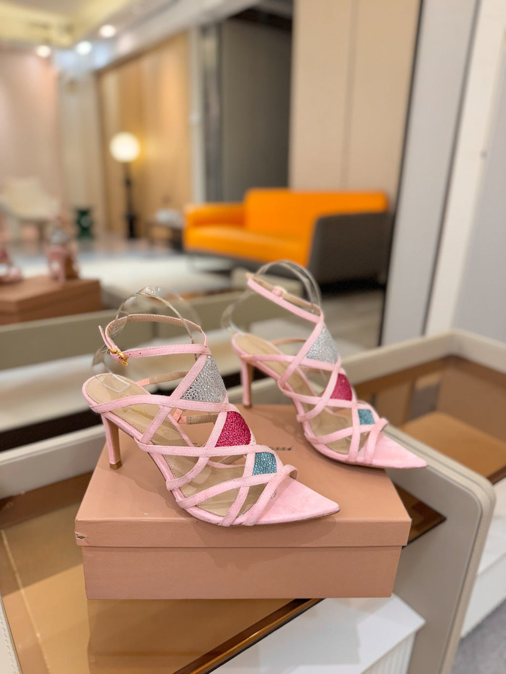GIANVITO ROSSI 26S CROSS STRAP HEELS 85 MM IN PINK SUEDE