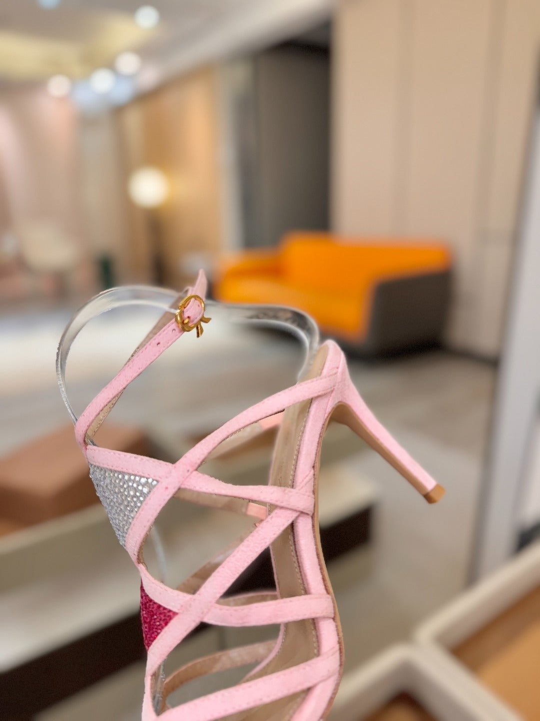 GIANVITO ROSSI 26S CROSS STRAP HEELS 85 MM IN PINK SUEDE