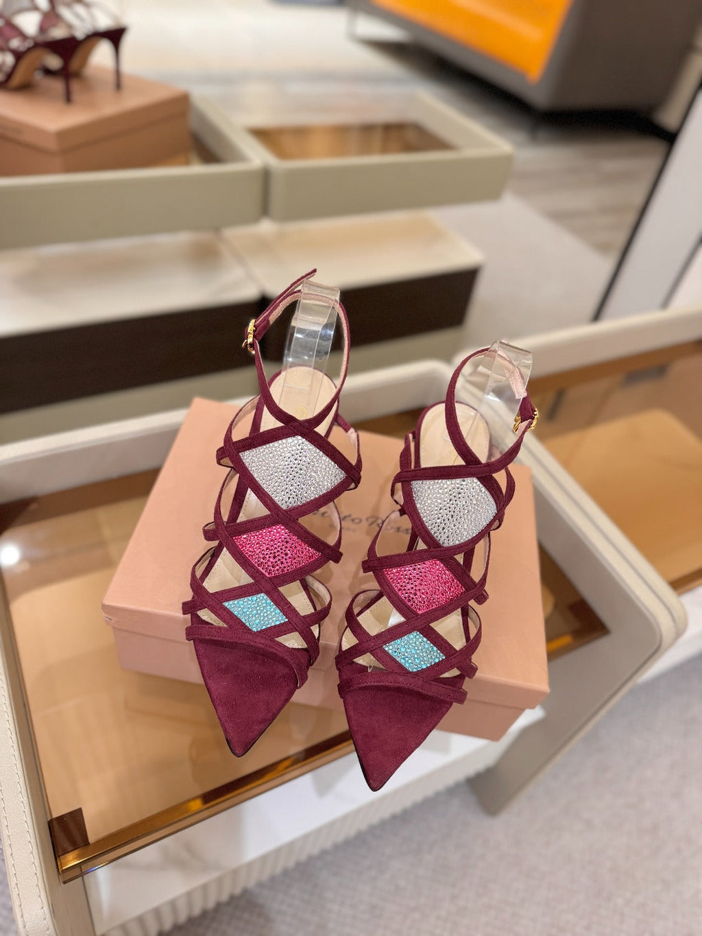 GIANVITO ROSSI 26S CROSS STRAP HEELS 85 MM IN DARK RED SUEDE