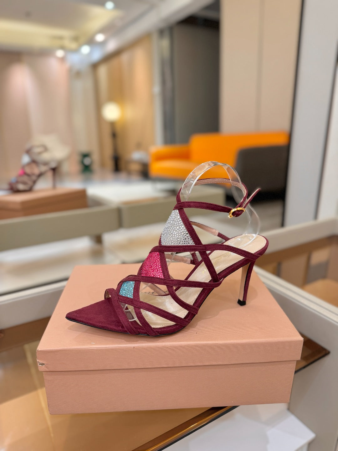 GIANVITO ROSSI 26S CROSS STRAP HEELS 85 MM IN DARK RED SUEDE