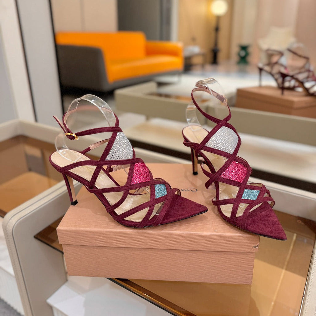 GIANVITO ROSSI 26S CROSS STRAP HEELS 85 MM IN DARK RED SUEDE