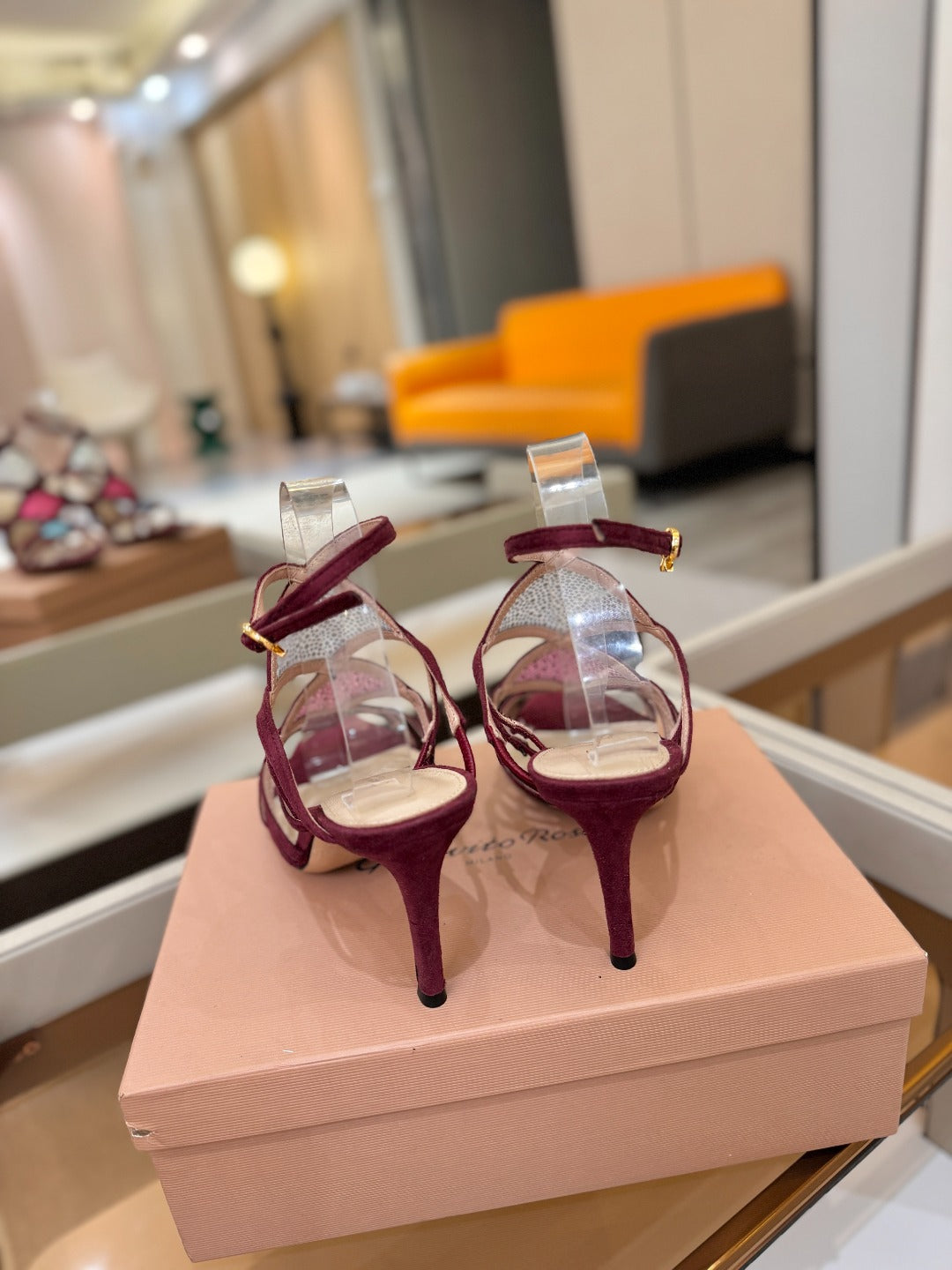 GIANVITO ROSSI 26S CROSS STRAP HEELS 85 MM IN DARK RED SUEDE