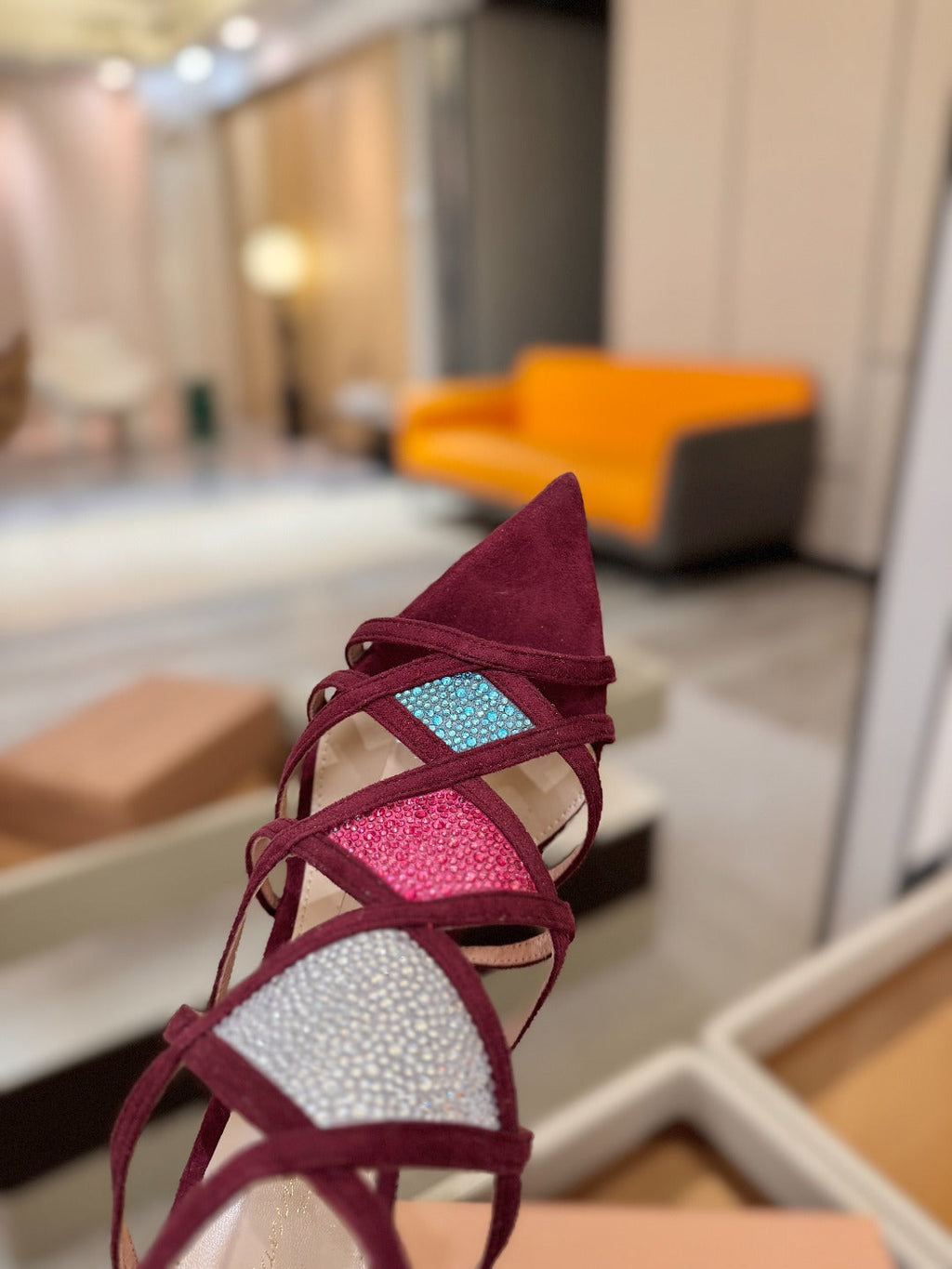 GIANVITO ROSSI 26S CROSS STRAP HEELS 85 MM IN DARK RED SUEDE