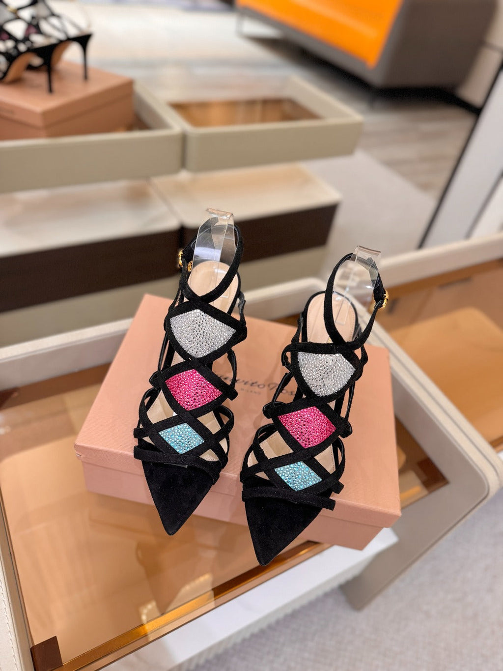 GIANVITO ROSSI 26S CROSS STRAP HEELS 85 MM IN BLACK SUEDE
