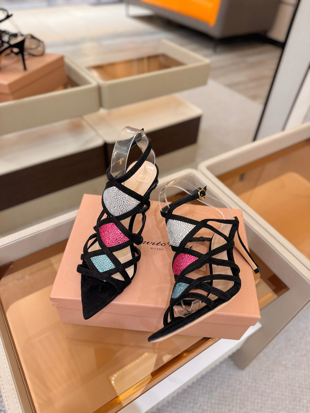 GIANVITO ROSSI 26S CROSS STRAP HEELS 85 MM IN BLACK SUEDE